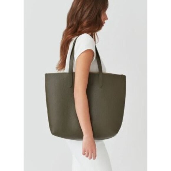 Cayana Dark Olive Green Classic Leather Zipper Tote Bag, Large, Pebbled READ - Picture 1 of 10